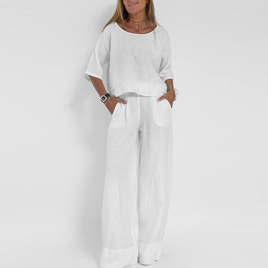 Ensemble Femme en Lin Mélangé à Manches Courtes et Pantalon Large 3