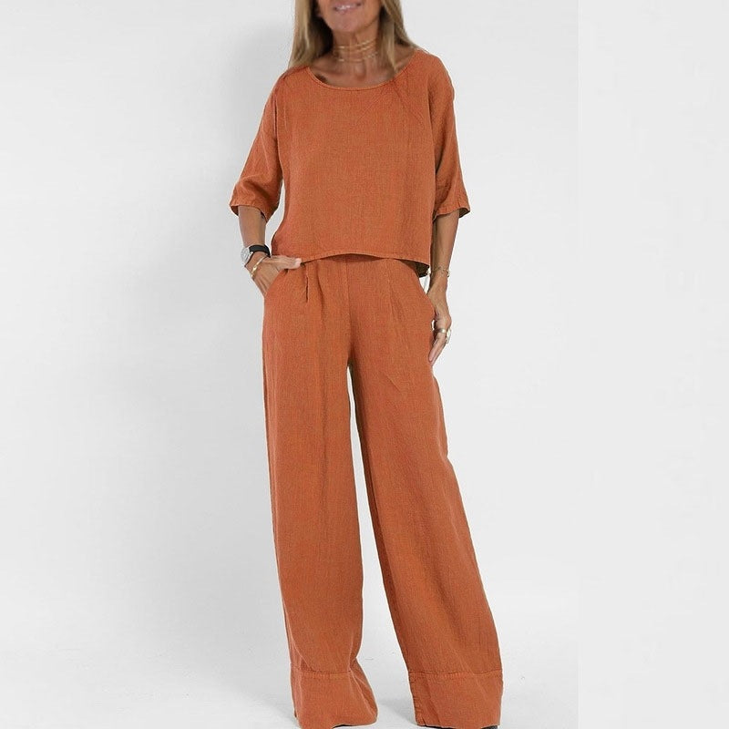 Ensemble Femme en Lin Mélangé à Manches Courtes et Pantalon Large 4