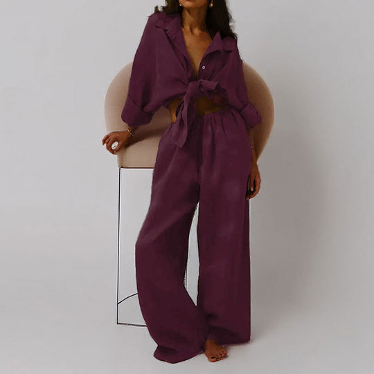 Ensemble Femme en Lin – Chemise Boutonnée Oversize et Pantalon Large 0