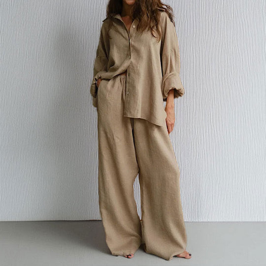 Ensemble Femme en Lin – Chemise Boutonnée Oversize et Pantalon Large 2