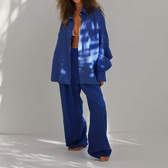 Ensemble Femme en Lin – Chemise Boutonnée Oversize et Pantalon Large 3