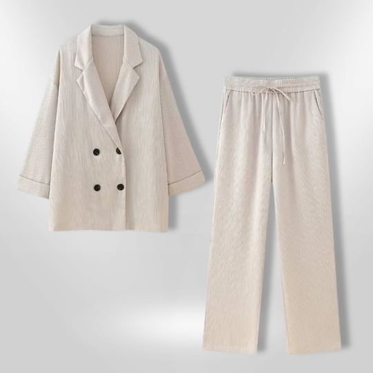 Ensemble Tailleur Femme Blazer Décontracté et Pantalon Large Tissu Texturé 2