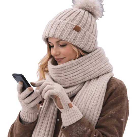 Ensemble d'Hiver 3 en 1 pour Femmes avec Bonnet, Écharpe et Gants Tactiles 0