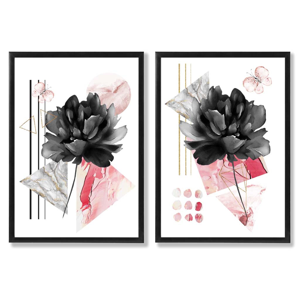 Ensemble d'Impressions d'Art Floral Contemporain Noir et Rose 0