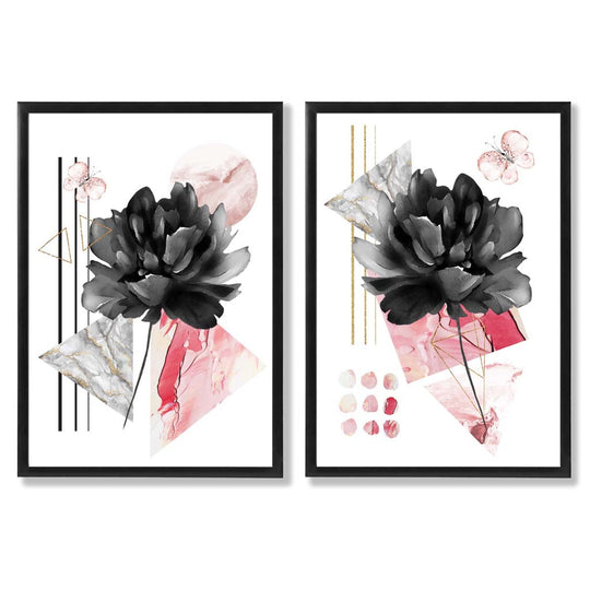 Ensemble d'Impressions d'Art Floral Contemporain Noir et Rose 0
