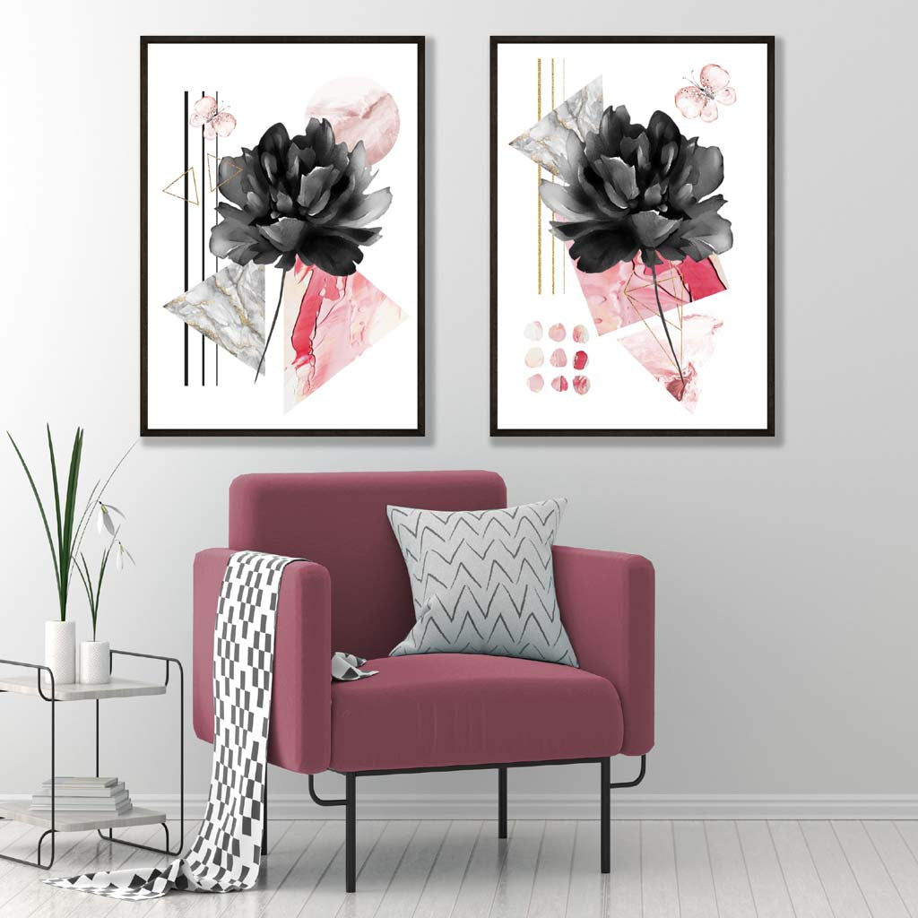 Ensemble d'Impressions d'Art Floral Contemporain Noir et Rose 1
