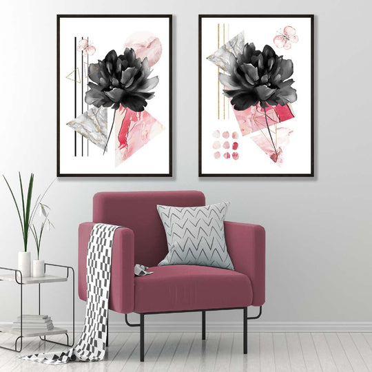 Ensemble d'Impressions d'Art Floral Contemporain Noir et Rose 1