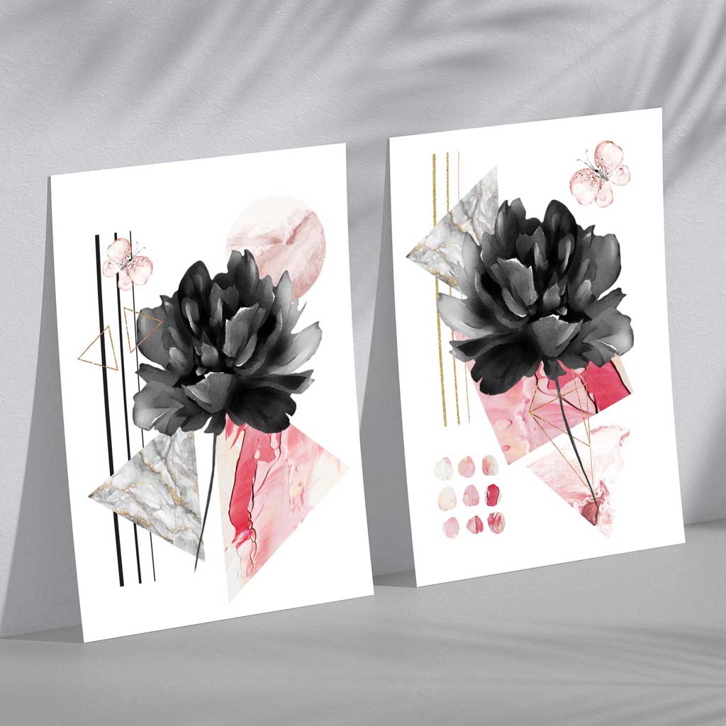 Ensemble d'Impressions d'Art Floral Contemporain Noir et Rose 2
