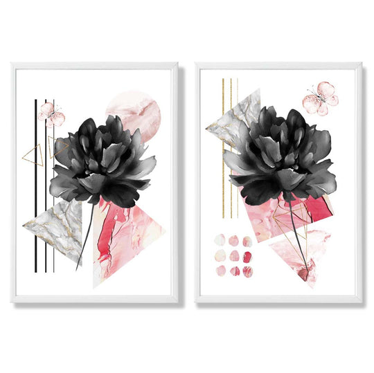Ensemble d'Impressions d'Art Floral Contemporain Noir et Rose 3