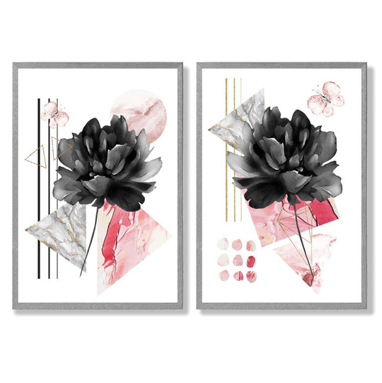 Ensemble d'Impressions d'Art Floral Contemporain Noir et Rose 5