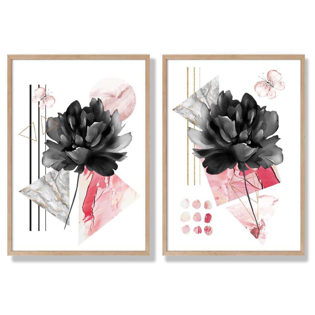 Ensemble d'Impressions d'Art Floral Contemporain Noir et Rose 6