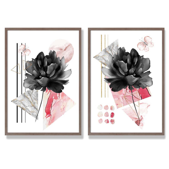 Ensemble d'Impressions d'Art Floral Contemporain Noir et Rose 7