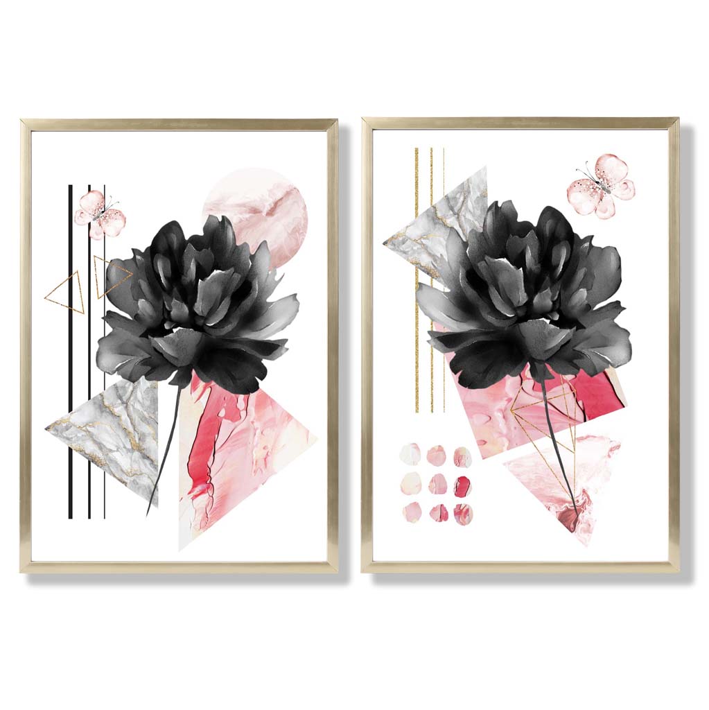 Ensemble d'Impressions d'Art Floral Contemporain Noir et Rose 8