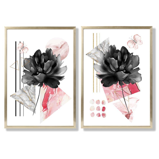 Ensemble d'Impressions d'Art Floral Contemporain Noir et Rose 8