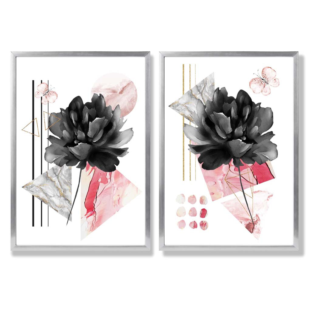 Ensemble d'Impressions d'Art Floral Contemporain Noir et Rose 9