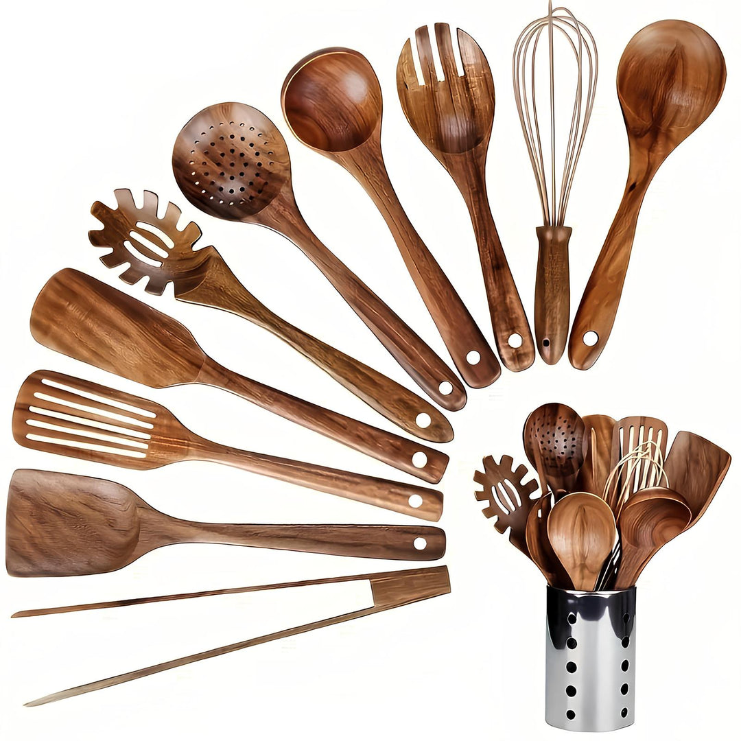 Ensemble d'Ustensiles de Cuisine 11 Pièces avec Support en Bois 0