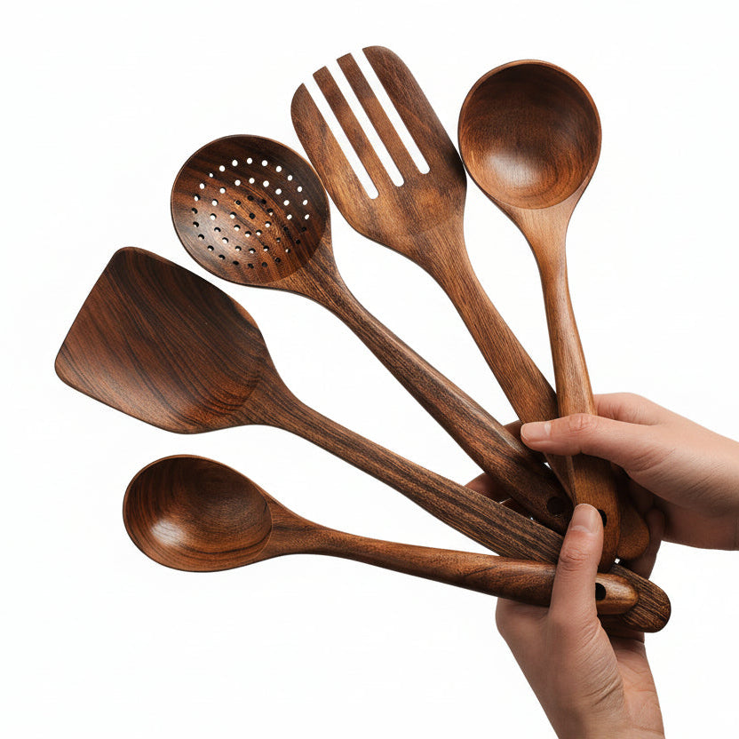 Ensemble d'Ustensiles de Cuisine Multifonctionnels en Bois Naturel - Accessoires Cuisine Pratiques 0