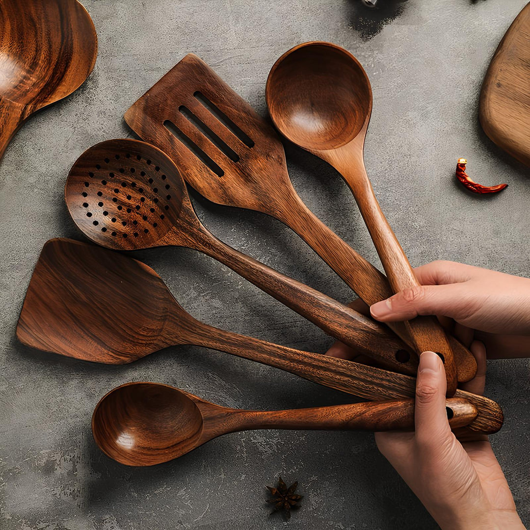 Ensemble d'Ustensiles de Cuisine en Bois Naturel - 5 Pièces Pratiques pour Accessoires Cuisine 0