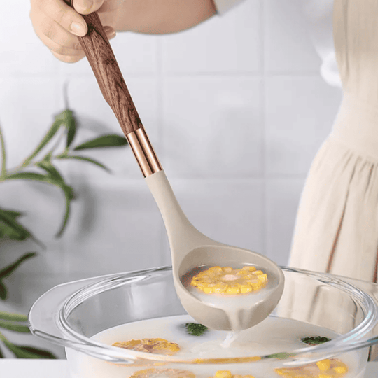 Ensemble d'Ustensiles de Cuisine en Silicone 10 Pièces avec Poignées en Bois 2