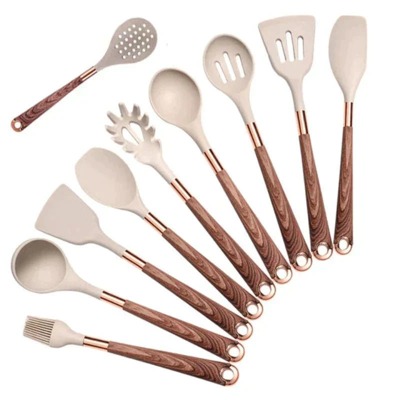 Ensemble d'Ustensiles de Cuisine en Silicone 10 Pièces avec Poignées en Bois 5