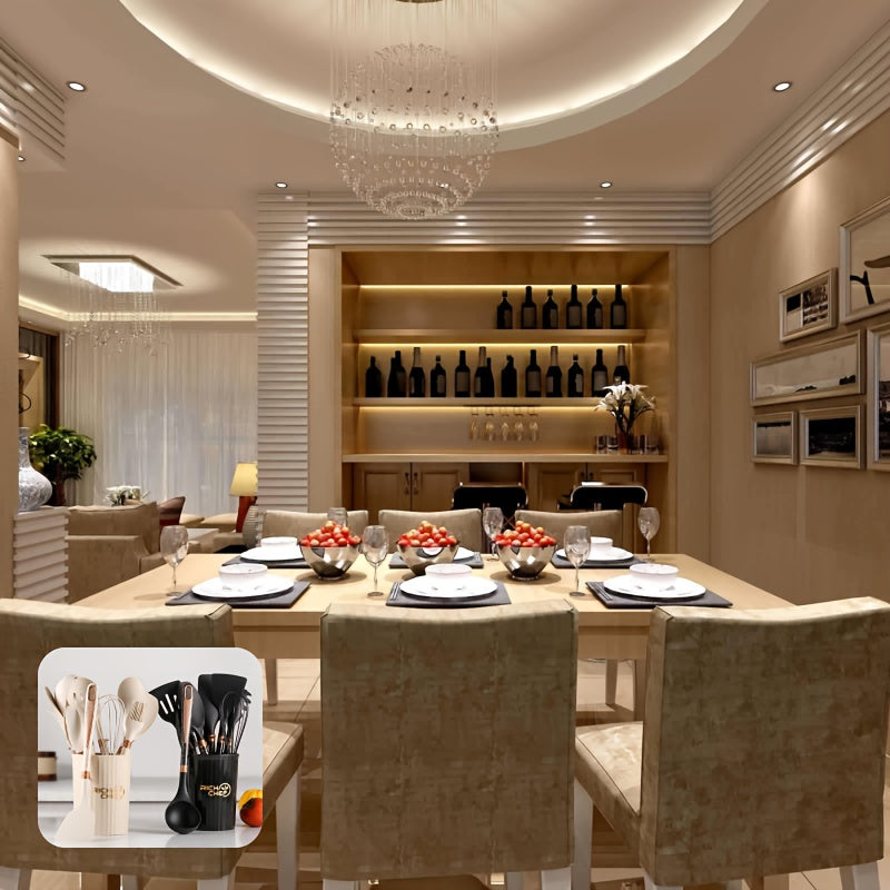 Ensemble d'Ustensiles de Cuisine en Silicone avec Poignées en Bois 4