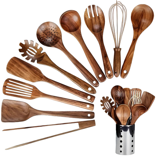 Ensemble d'Ustensiles de Cuisine en Teck de 11 Pièces avec Support 0