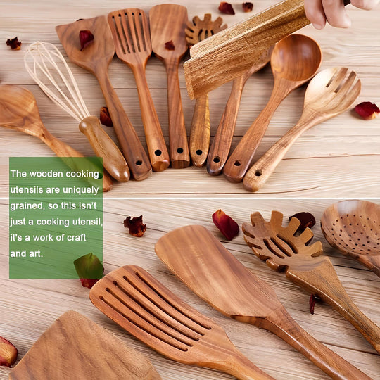 Ensemble d'Ustensiles de Cuisine en Teck de 11 Pièces avec Support Pratique 3
