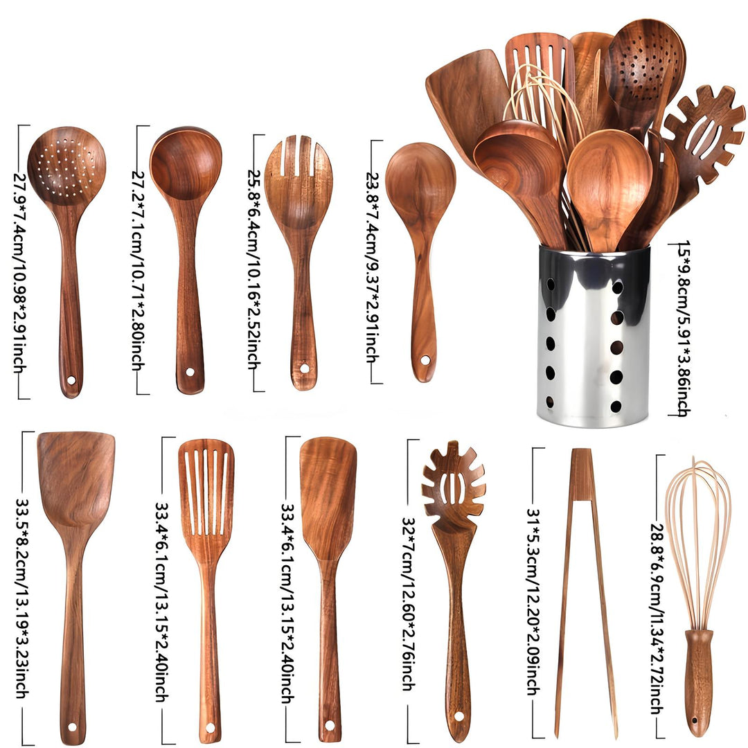 Ensemble d'Ustensiles de Cuisine en Teck de 11 Pièces avec Support Pratique 4