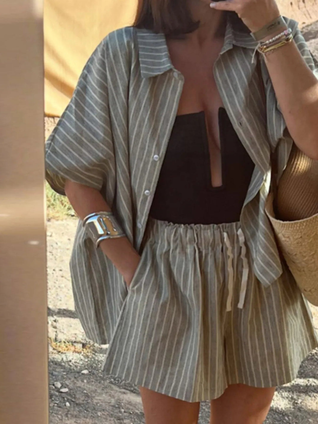 Ensemble d'été en lin à rayures pour femmes avec chemise et short 0