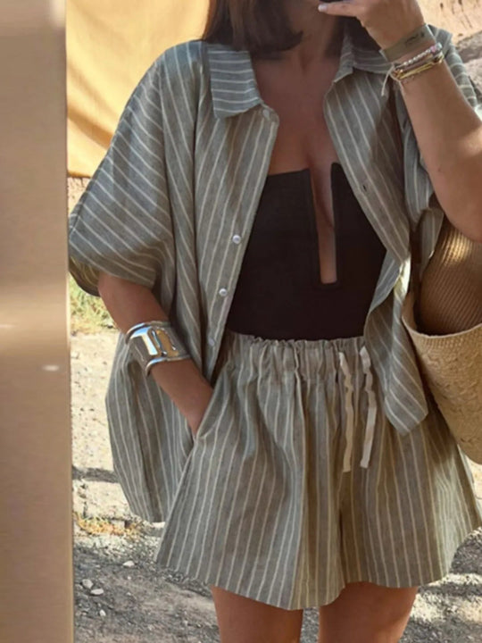 Ensemble d'été en lin à rayures pour femmes avec chemise et short 0