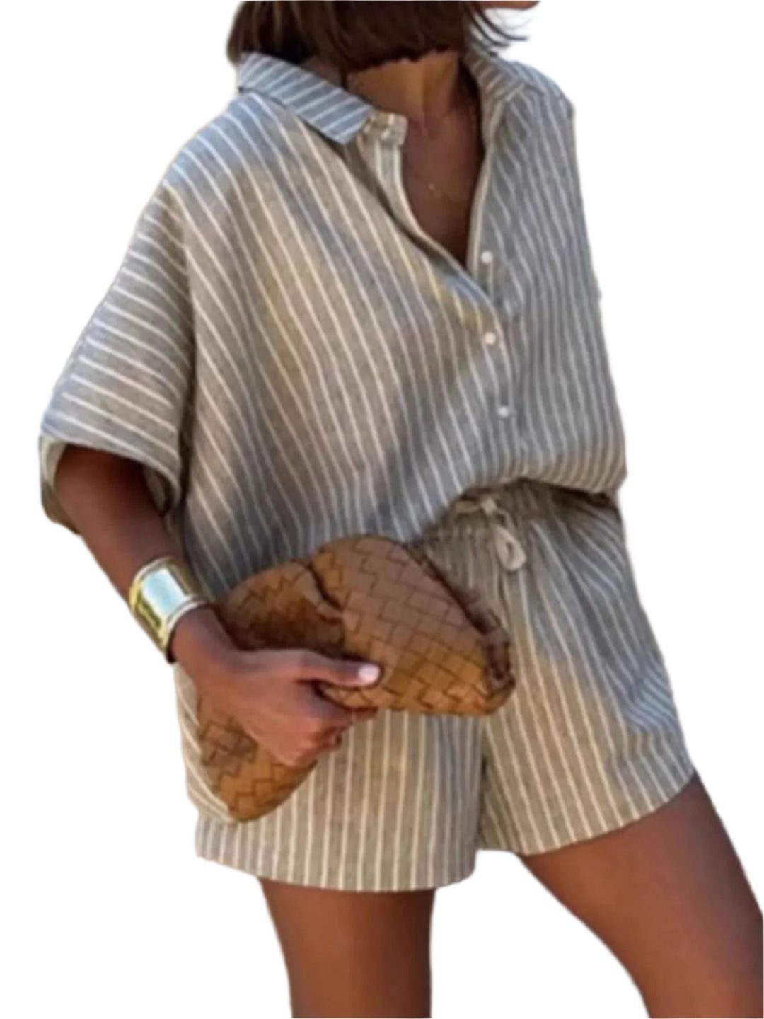 Ensemble d'été en lin à rayures pour femmes avec chemise et short 1