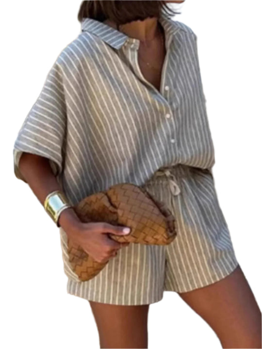 Ensemble d'été en lin à rayures pour femmes avec chemise et short 1