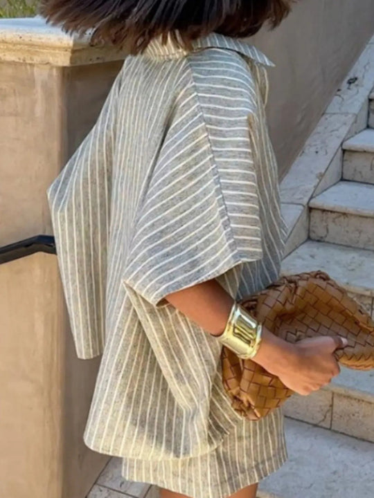Ensemble d'été en lin à rayures pour femmes avec chemise et short 3