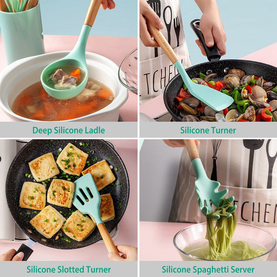 Ensemble de 11 Ustensiles de Cuisine Pratiques avec Poignées en Bois 8