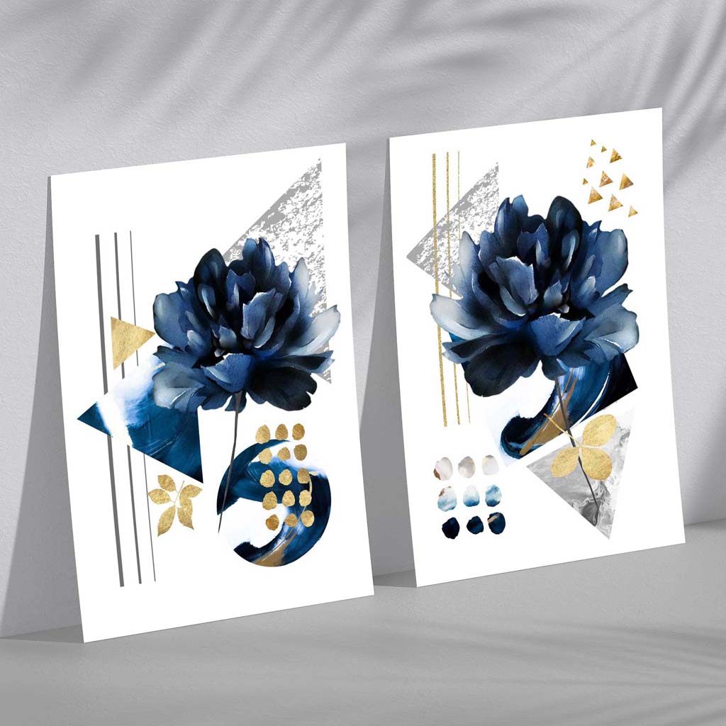 Ensemble de 2 tirages d'art Fleurs Modernes Bleu et Or 0