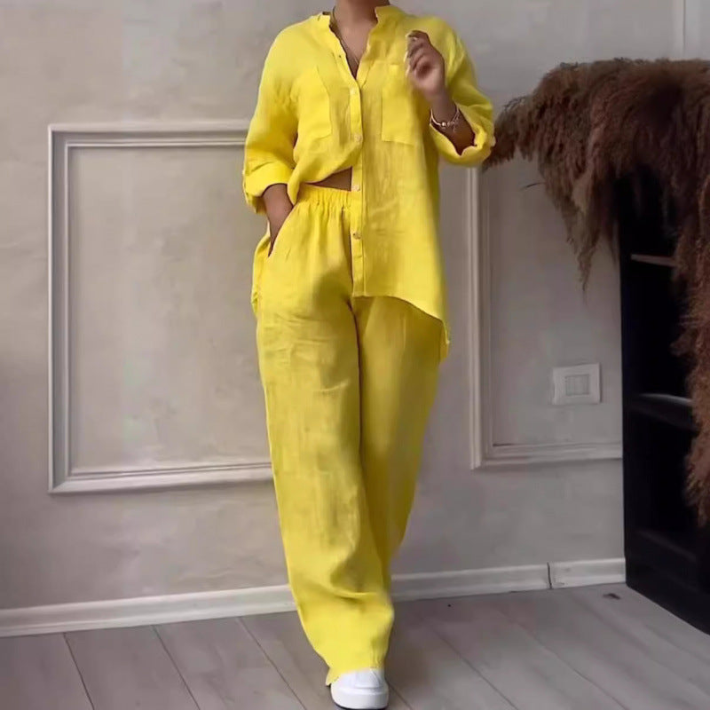 Ensemble de Chemise et Pantalon pour Femmes Lin Mélangé Coupe Décontractée Jambes Amples 1