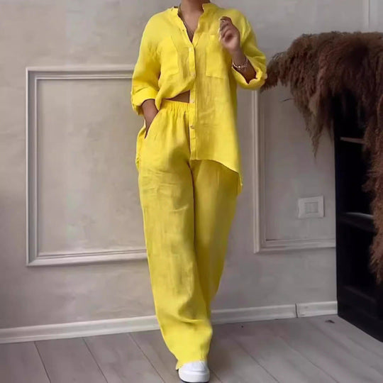 Ensemble de Chemise et Pantalon pour Femmes Lin Mélangé Coupe Décontractée Jambes Amples 1