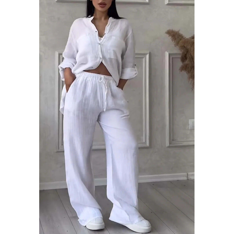 Ensemble de Chemise et Pantalon pour Femmes Lin Mélangé Coupe Décontractée Jambes Amples 10