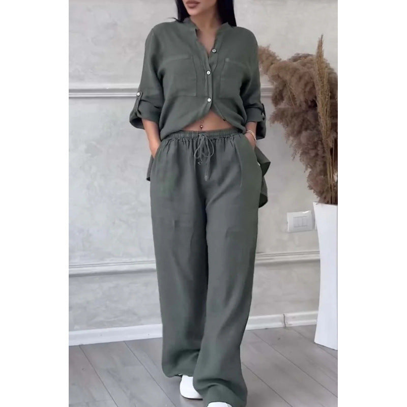 Ensemble de Chemise et Pantalon pour Femmes Lin Mélangé Coupe Décontractée Jambes Amples 11