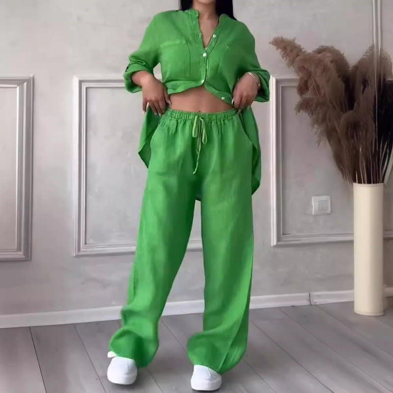 Ensemble de Chemise et Pantalon pour Femmes Lin Mélangé Coupe Décontractée Jambes Amples 2