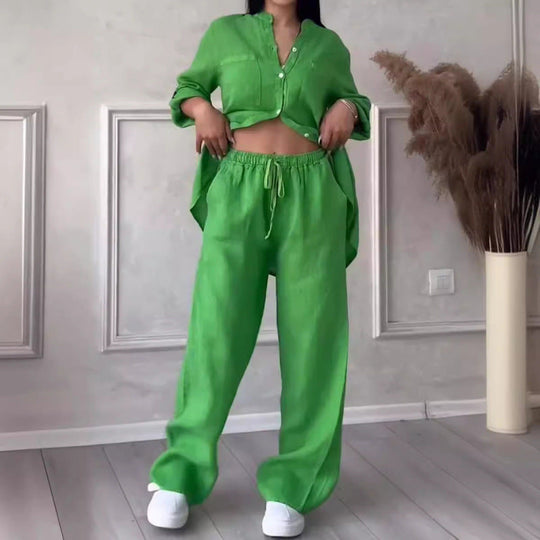 Ensemble de Chemise et Pantalon pour Femmes Lin Mélangé Coupe Décontractée Jambes Amples 2