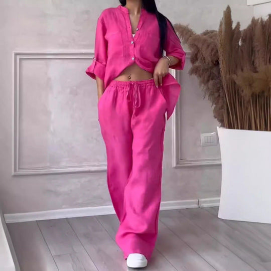 Ensemble de Chemise et Pantalon pour Femmes Lin Mélangé Coupe Décontractée Jambes Amples 3