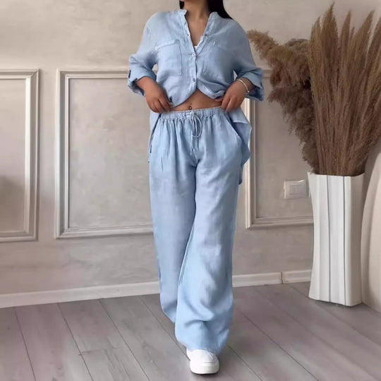 Ensemble de Chemise et Pantalon pour Femmes Lin Mélangé Coupe Décontractée Jambes Amples 4