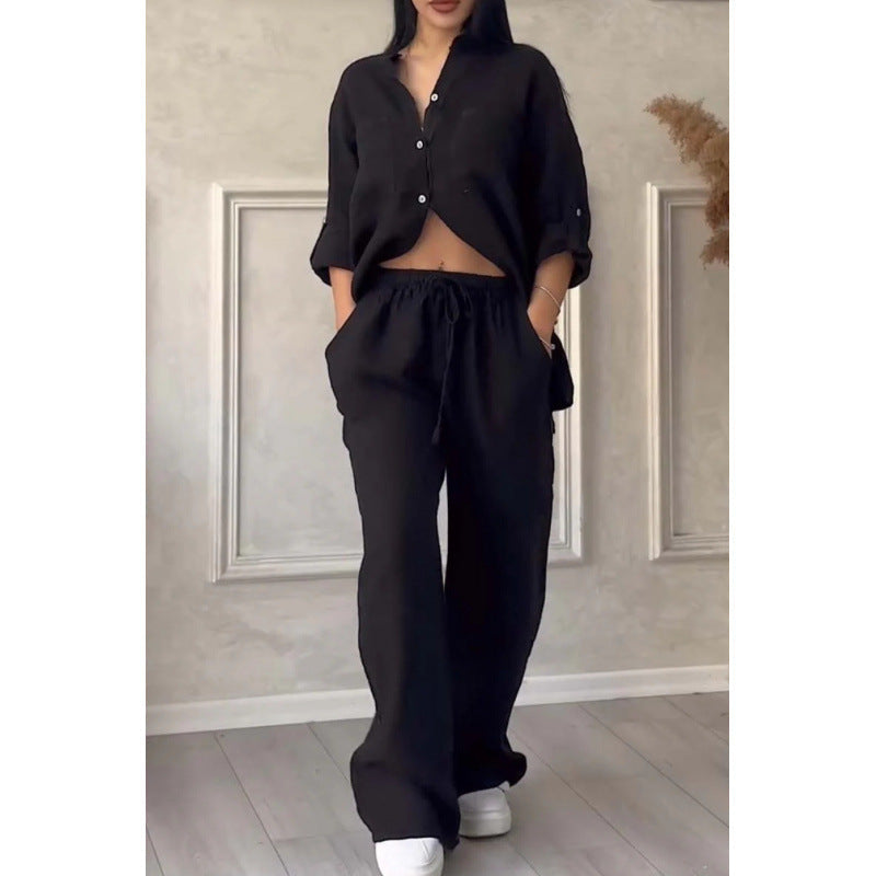 Ensemble de Chemise et Pantalon pour Femmes Lin Mélangé Coupe Décontractée Jambes Amples 5