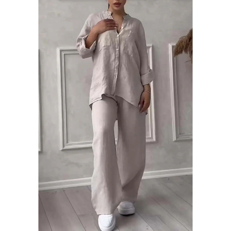 Ensemble de Chemise et Pantalon pour Femmes Lin Mélangé Coupe Décontractée Jambes Amples 6