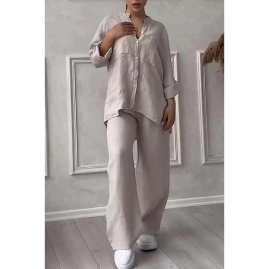 Ensemble de Chemise et Pantalon pour Femmes Lin Mélangé Coupe Décontractée Jambes Amples 6