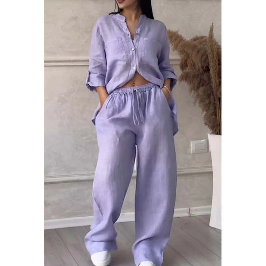 Ensemble de Chemise et Pantalon pour Femmes Lin Mélangé Coupe Décontractée Jambes Amples 7
