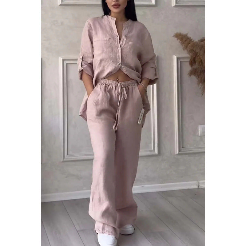 Ensemble de Chemise et Pantalon pour Femmes Lin Mélangé Coupe Décontractée Jambes Amples 9