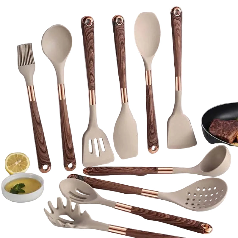 Ensemble de Cuisine 10 Pièces Ustensiles Pratiques avec Poignées en Bois 0