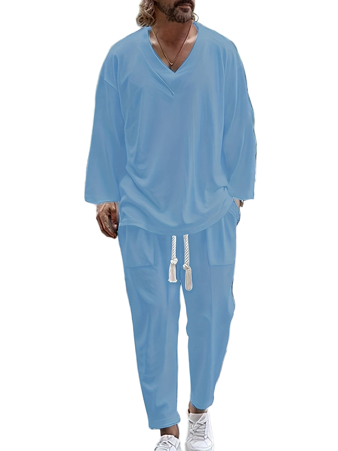 Ensemble de Loungewear pour Hommes - Haut à Manches Longues en V - Pantalon Détendu avec Poches 0